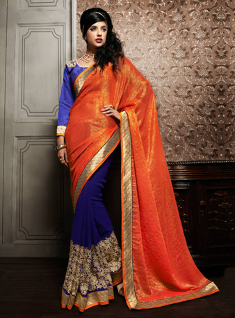 Deep Orange and Royal Blue embroidered art_silk saree with blouse