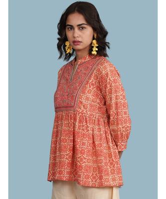 Red cotton quarter sleeve top 1