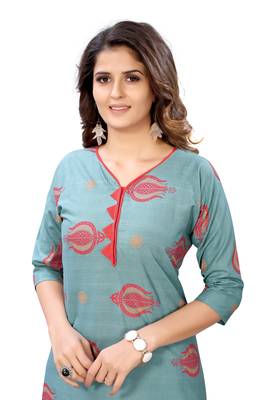 Sea-green printed cotton cotton-kurtis 4