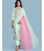 Band Collar QUARTER SLEEVE Sleeve Printed Kurta With Pants And Dupatta
