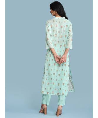 Band Collar QUARTER SLEEVE Sleeve Printed Kurta With Pants And Dupatta 4