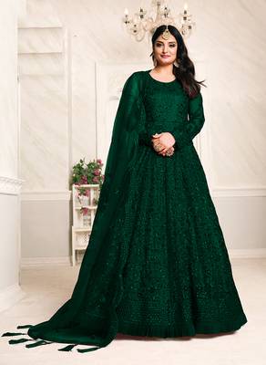 Dark-green embroidered net salwar kameez 1