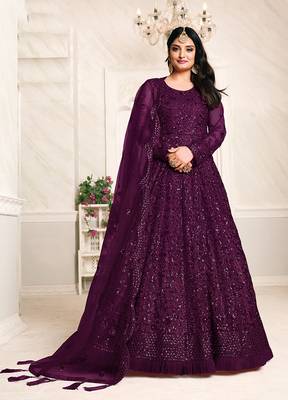 Wine embroidered net salwar 1