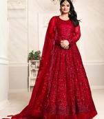Red embroidered net salwar suit