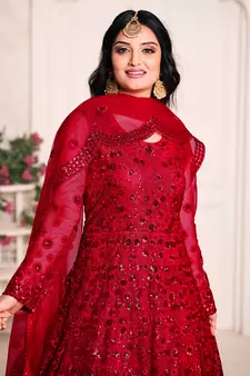 Red embroidered net salwar suit