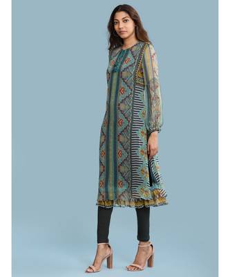Band Collar QUARTER SLEEVE Sleeve Printed Kurta With Leggings 2