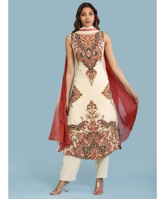 Laid Out Print Sleevess Kurta With Pants And Dupatta 1