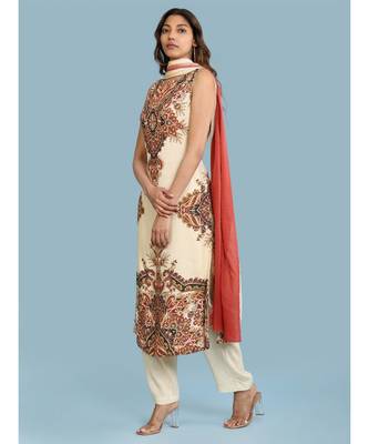 Laid Out Print Sleevess Kurta With Pants And Dupatta 2