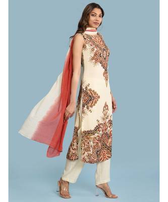 Laid Out Print Sleevess Kurta With Pants And Dupatta 3