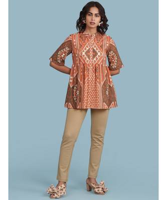Band Collar Short Sleeve Printed Kurti 2