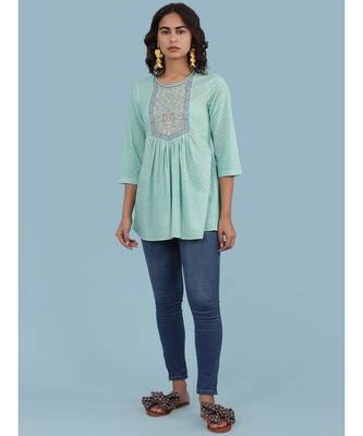 Round Neck Embroidered Yoke QUARTER SLEEVE Sleeve Kurti With Gathers At Waist 3