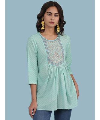 Round Neck Embroidered Yoke QUARTER SLEEVE Sleeve Kurti With Gathers At Waist 4