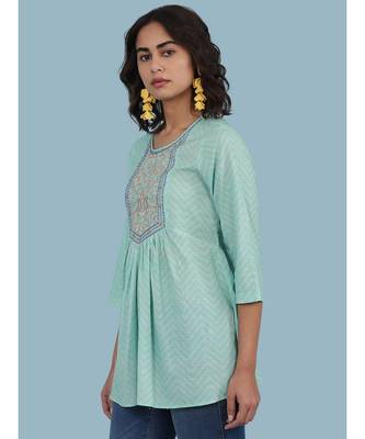 Round Neck Embroidered Yoke QUARTER SLEEVE Sleeve Kurti With Gathers At Waist 5