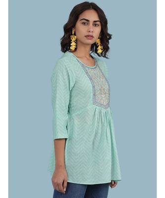 Round Neck Embroidered Yoke QUARTER SLEEVE Sleeve Kurti With Gathers At Waist 1