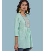 Round Neck Embroidered Yoke QUARTER SLEEVE Sleeve Kurti With Gathers At Waist