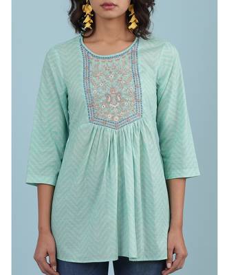 Round Neck Embroidered Yoke QUARTER SLEEVE Sleeve Kurti With Gathers At Waist 6