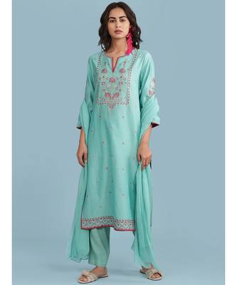 QUARTER SLEEVE Sleeve Embroidered Yoke Kurta With Pant And Dupatta 1