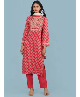 Round Neck Full Sleeve Printed Kurta With Gota Work With Pant And Dupatta 1