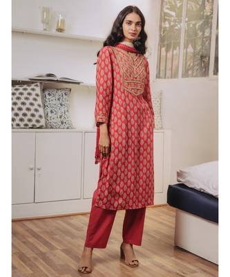 Round Neck Full Sleeve Printed Kurta With Gota Work With Pant And Dupatta 6
