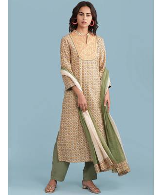 Band Collar Embroidered Yoke QUARTER SLEEVE  Sleeve Printed Kurta With Pant And Dupataa 1