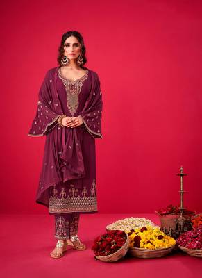 purple santoon semi stitched embroidered top & bottom with dupatta 1