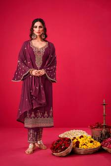 purple santoon semi stitched embroidered top & bottom with dupatta