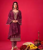 purple santoon semi stitched embroidered top & bottom with dupatta