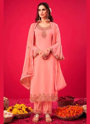 peach santoon semi stitched embroidered top & bottom with dupatta 1