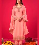 peach santoon semi stitched embroidered top & bottom with dupatta