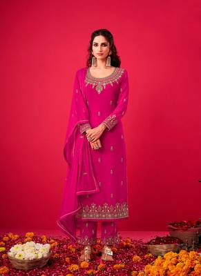 pink santoon semi stitched embroidered top & bottom with dupatta 1