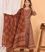 Brown embroidered cotton ethnic-kurtis