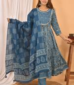 Blue embroidered cotton ethnic-kurtis
