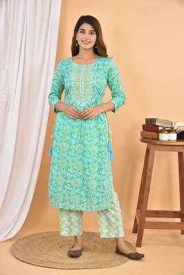 Sea-green embroidered cotton ethnic-kurtis 1