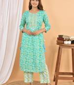Sea-green embroidered cotton ethnic-kurtis