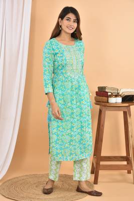Sea-green embroidered cotton ethnic-kurtis 3