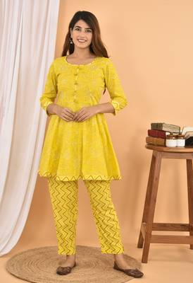 Yellow printed cotton ethnic-kurtis 1