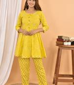 Yellow printed cotton ethnic-kurtis