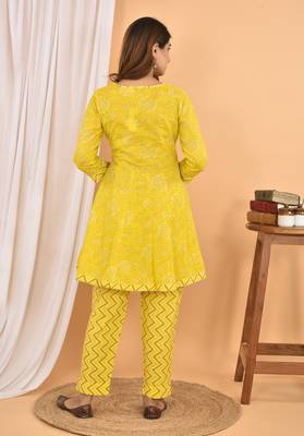 Yellow printed cotton ethnic-kurtis 2