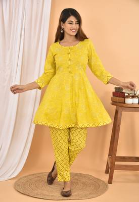 Yellow printed cotton ethnic-kurtis 3