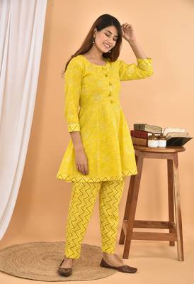 Yellow printed cotton ethnic-kurtis 4