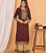 Maroon embroidered rayon ethnic-kurtis