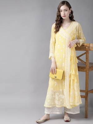 Ada Hand Embroidered Yellow Georgette Lucknow Chikankari Women Angarkha Kurta With Slip - A411259 1