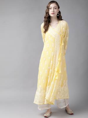 Ada Hand Embroidered Yellow Georgette Lucknow Chikankari Women Angarkha Kurta With Slip - A411259 2