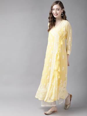 Ada Hand Embroidered Yellow Georgette Lucknow Chikankari Women Angarkha Kurta With Slip - A411259 3