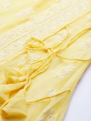 Ada Hand Embroidered Yellow Georgette Lucknow Chikankari Women Angarkha Kurta With Slip - A411259 4