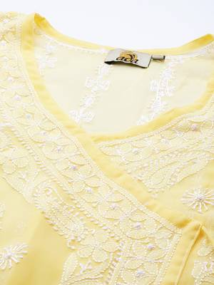 Ada Hand Embroidered Yellow Georgette Lucknow Chikankari Women Angarkha Kurta With Slip - A411259 5