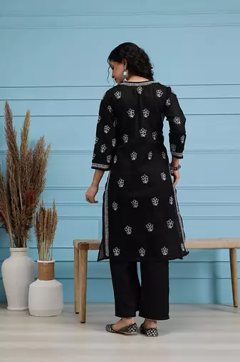Hand Embroidered Black Cotton Lucknow Chikan Women Kurta