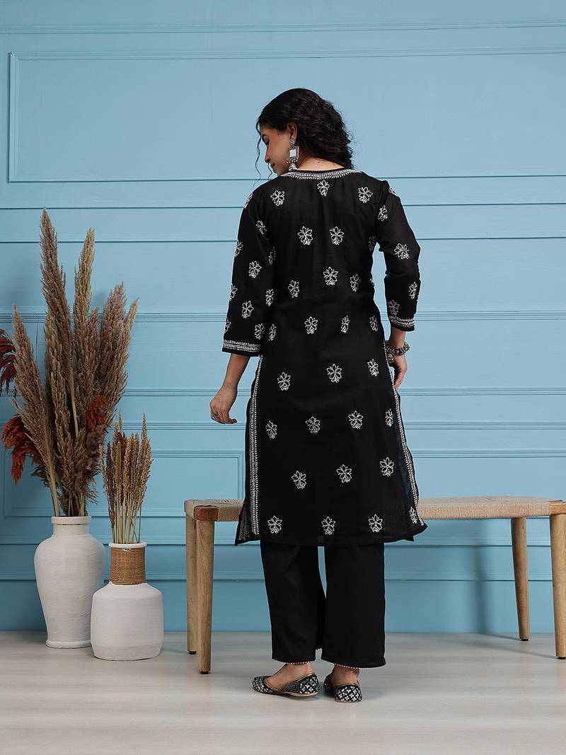 Hand Embroidered Black Cotton Lucknow Chikan Women Kurta
