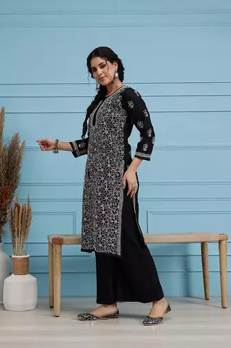 Hand Embroidered Black Cotton Lucknow Chikan Women Kurta