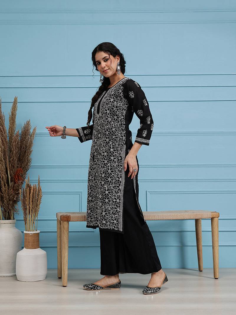 Hand Embroidered Black Cotton Lucknow Chikan Women Kurta